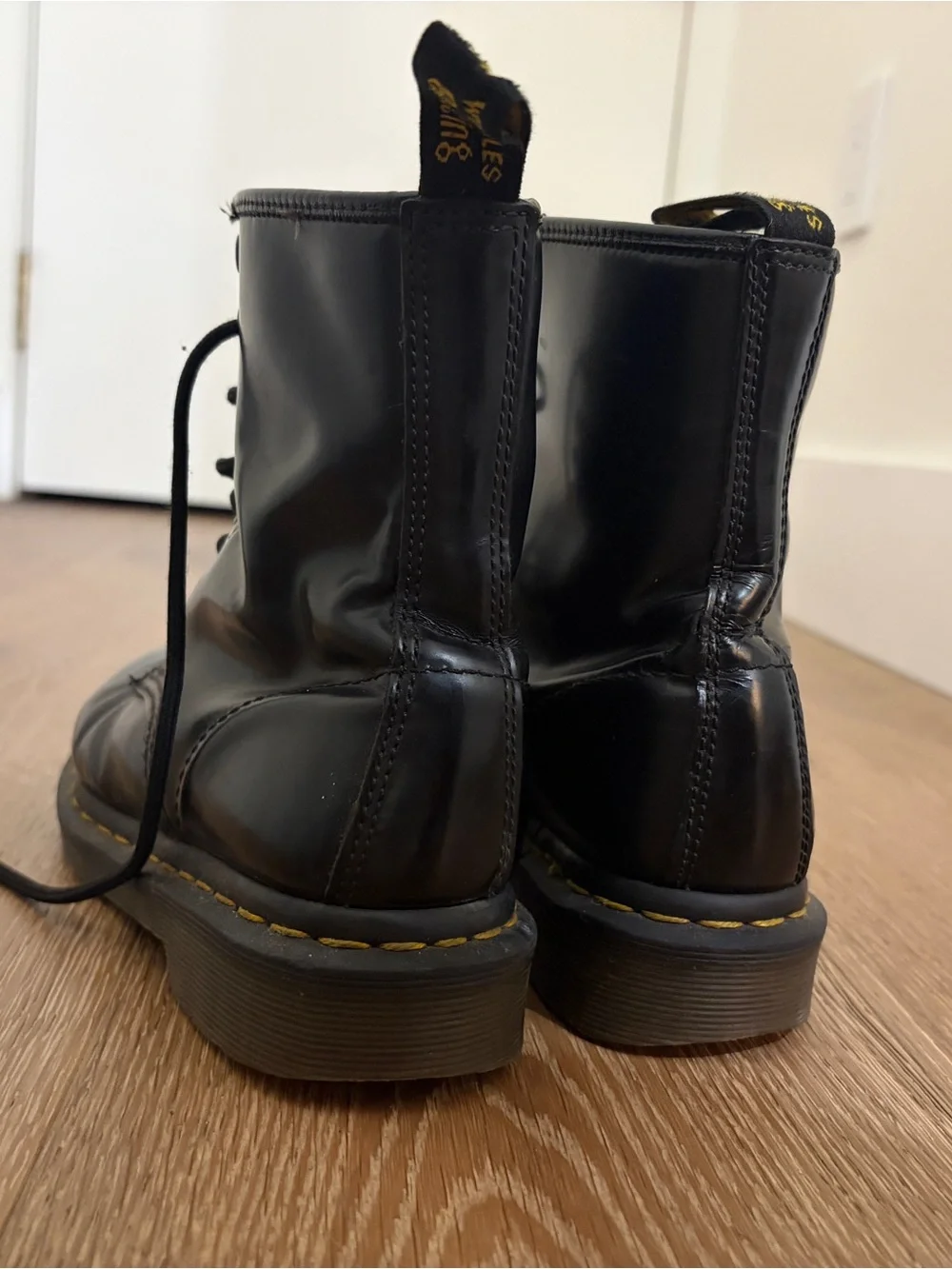 Dr. Martens Black Leather Lace-Up Boots with Yellow Stitching